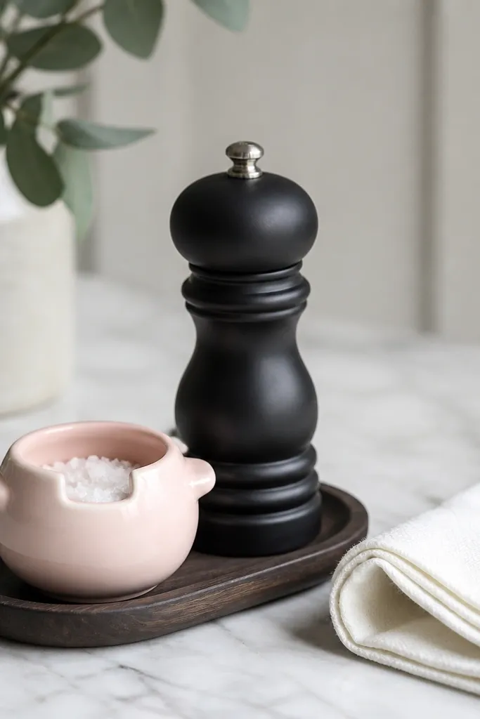 A tiny light pink ceramic salt pig on a small tray, paired with a matte black pepper grinder. Nearby is a folded white cloth napkin.