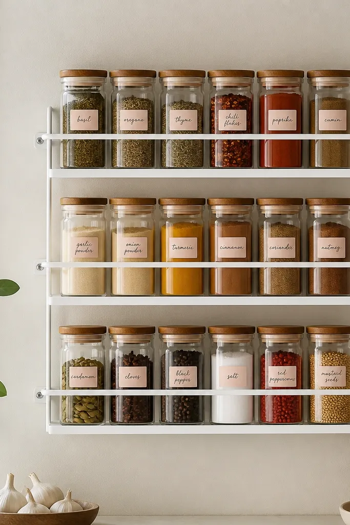 A white metal spice rack mounted on the wall. Jars are clear, and each has a small pale blush magnetic label with handwritten-style text.