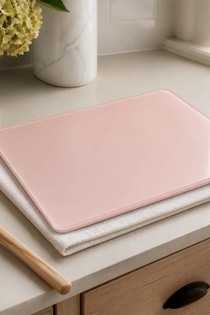A pale pink glass cutting board placed on a small counter. Beneath it is a neatly folded white dish cloth; a wooden spoon rests beside it.