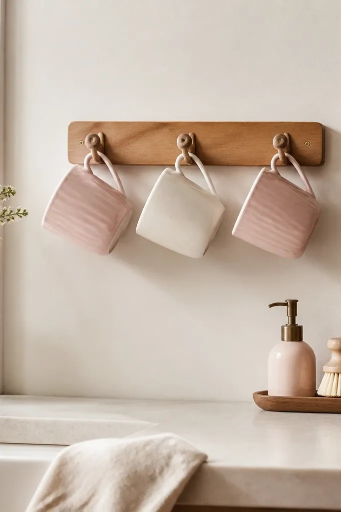 A small wall-mounted mug tree with three pegs. Light pink mugs hang from it, with one white mug in the middle and a tiny blush dish soap bottle on the shelf below.