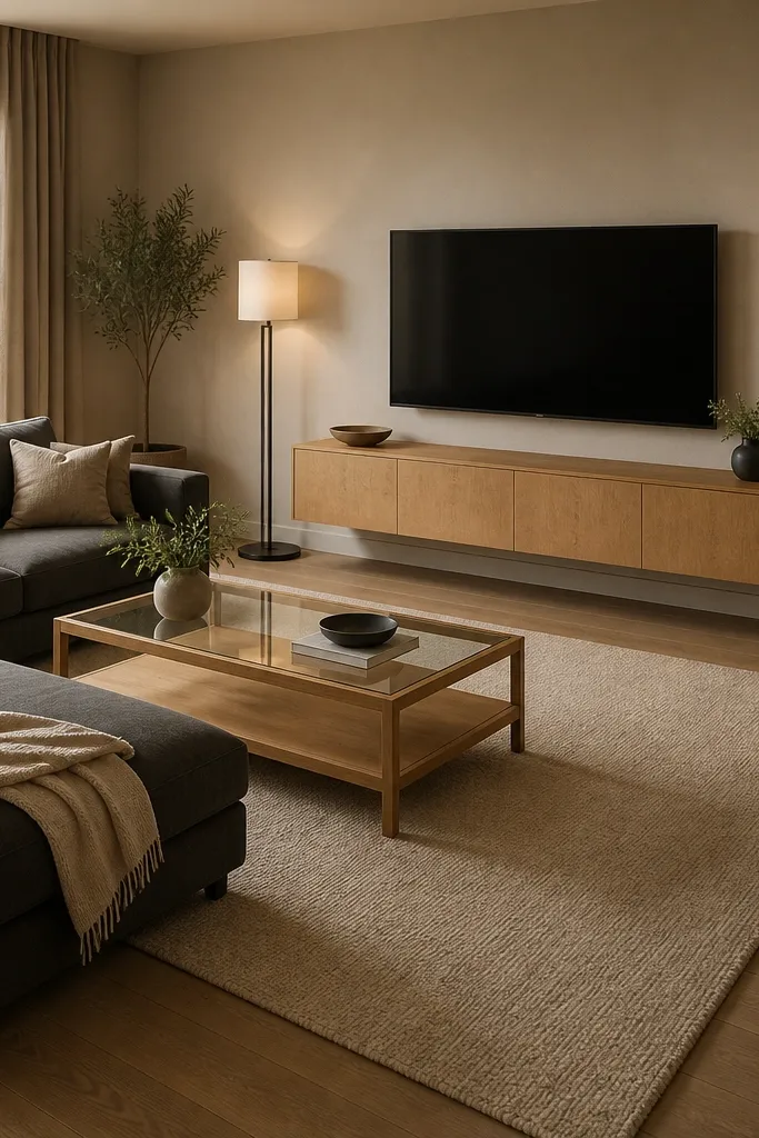 A charcoal gray L shape sofa facing a wall with a floating oak media console and a slim black TV mount. A large beige area rug sits under the sofa front legs. Two floor lamps with warm bulbs stand on either side of the console; coffee table is light oak with a clear glass top.