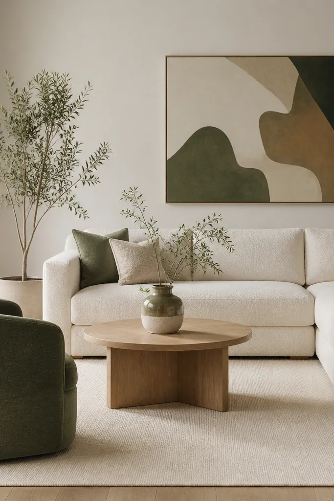 A soft white boucle L shape sofa with thick cushions. A deep green accent chair sits opposite it. Cream shag-free rug covers the floor area. A round oak coffee table holds a ceramic vase in sage and off-white. Wall art is abstract in muted green and sand.