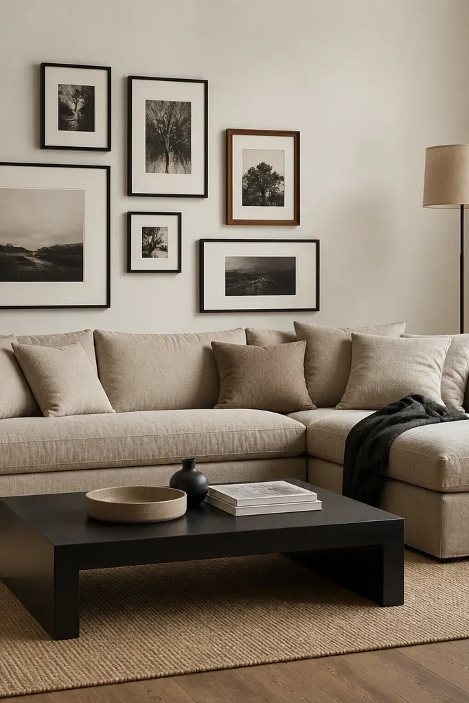 A sand beige linen L shape sofa with relaxed cushions. Behind it, a gallery wall of black frames mixed with one warm wood frame. A rectangular black coffee table sits on a light tan rug. A floor lamp with a linen shade stands near the chaise.