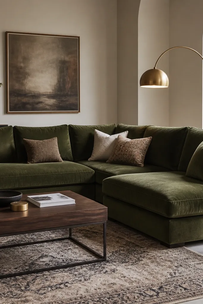 An olive velvet L shape sofa in a deep green. A brass arc floor lamp glows beside the chaise. A dark walnut coffee table with black metal legs sits on a patterned neutral rug. Side table is a small round brass piece with a marble top.