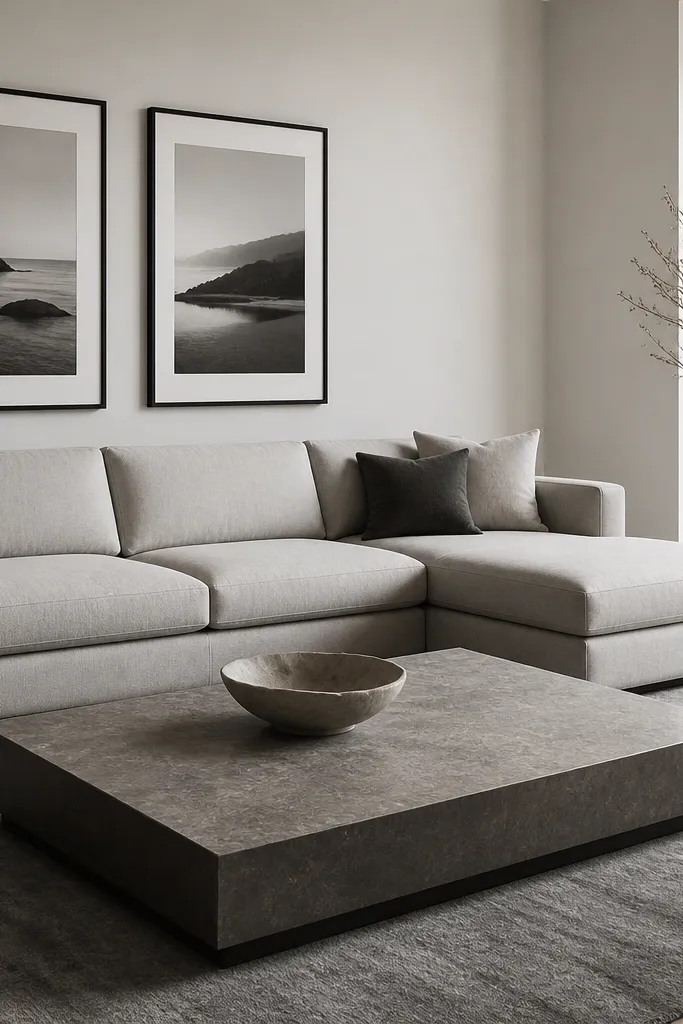 A light gray L shape sofa with clean straight arms. A large rectangular coffee table with a stone-look top and thin black sides. Black-and-white framed photos on the wall. A flat gray rug. Minimal decor: one sculptural bowl and one tall floor vase.