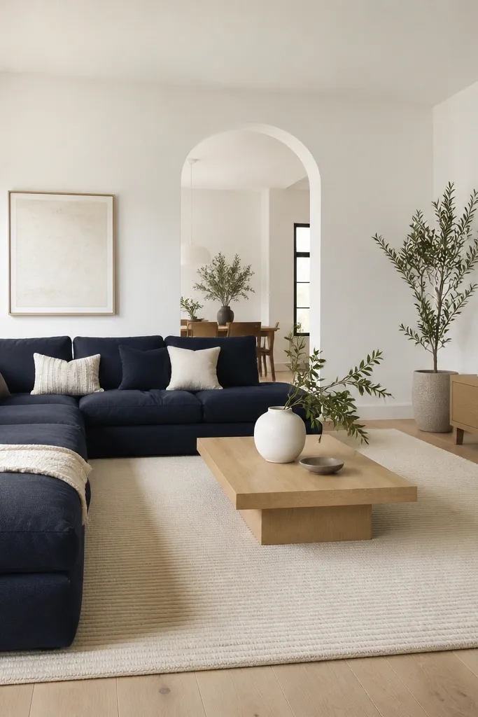 A midnight blue L shape sofa with a deep seat. A cream ribbed rug covers most of the seating area. White walls with a large round mirror above a low media console. Coffee table is white oak with a white ceramic vase.