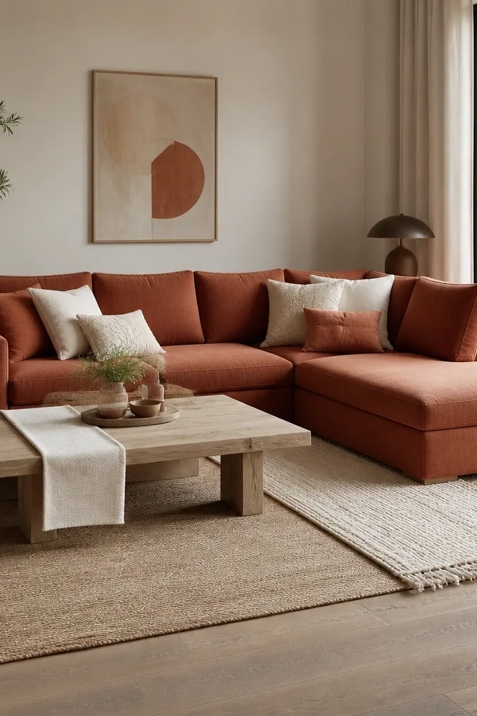 A terracotta rust L shape sofa. Two layered rugs: a larger sand flat weave and a smaller ivory textured runner-style rug under a side area. Coffee table is light wood with a linen runner. Pillows are terracotta and cream.