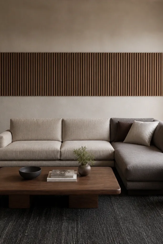An L shape sofa with one side slightly darker than the other. Two walnut side tables, one beside the chaise and one near the main seat. A long walnut coffee table. Rug is charcoal with subtle pattern. Wall has a long horizontal wood slat panel.