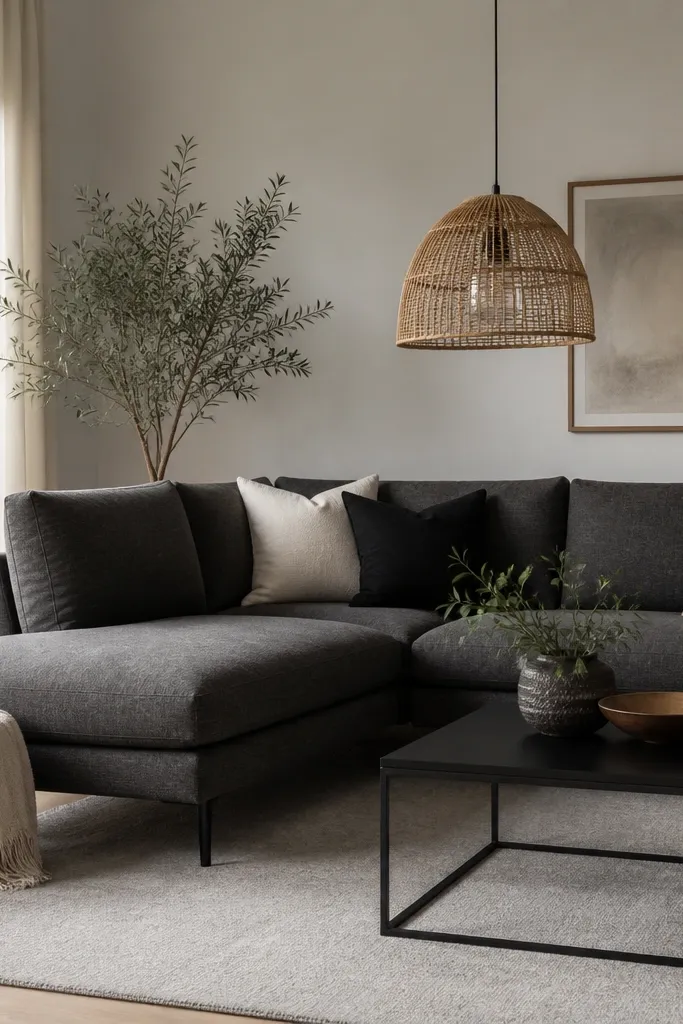 A charcoal L shape sofa with black metal legs. A rattan floor basket sits beside the chaise. A rattan and glass pendant shade hangs over a simple black coffee table. Rug is light gray. Pillows are black, cream, and one woven texture.