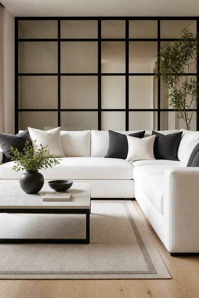 A white L shape sofa with crisp white cushions. A black-framed window-style trim panel runs behind it, like a grid. A black coffee table with white stone top. Floor is light oak. Rug is off-white with a subtle border. Pillows are white and charcoal.