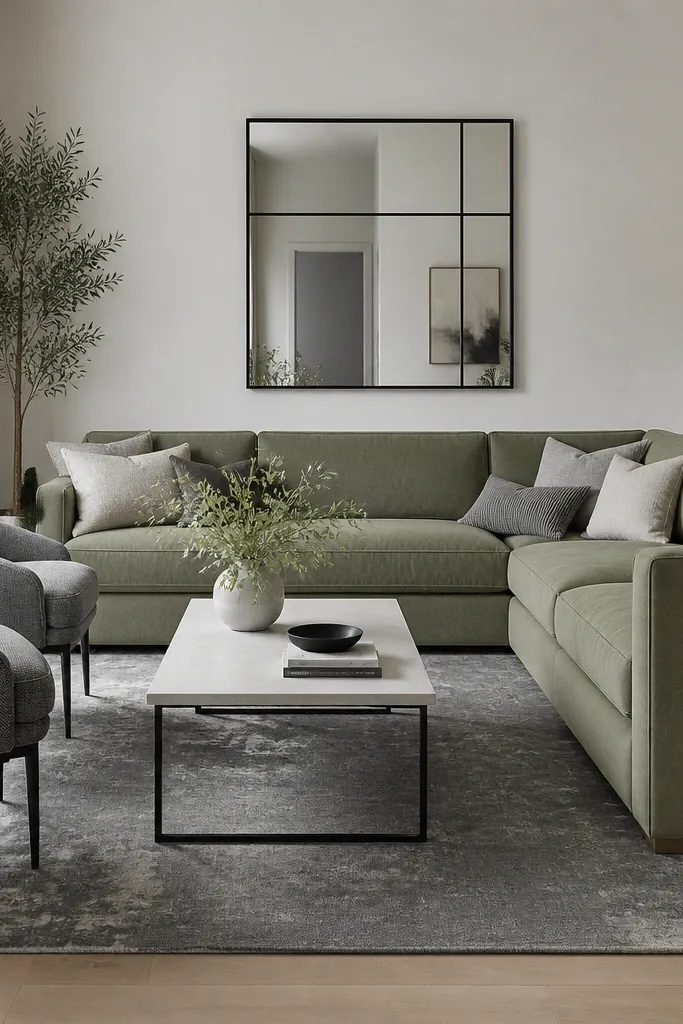 A sage green L shape sofa with straight arms. A slate gray rug with a subtle abstract pattern. Black metal framed mirror on the wall. Coffee table is simple with black legs and a light top. Side chairs are gray upholstered.