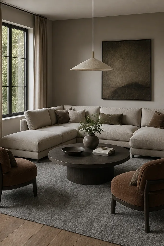 An L shape sofa placed in the room corner, with the chaise facing inward. A round coffee table with a dark wood top sits centered. Two small accent chairs face the sofa at an angle. Rug is medium gray. Pendant light hangs above the round table.
