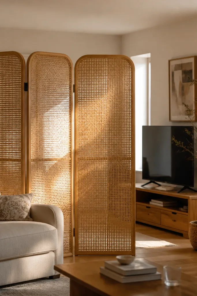 Tall rattan folding screen dividing a living room near a window