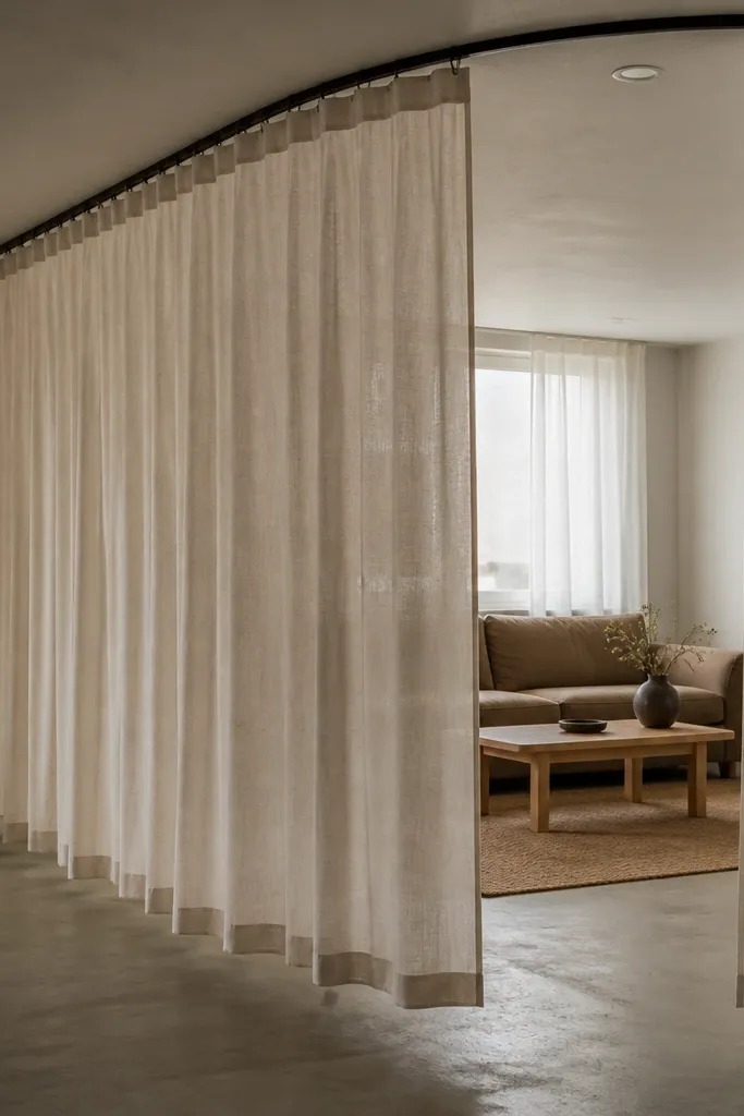 Light linen curtain on a ceiling track creating a gentle divider