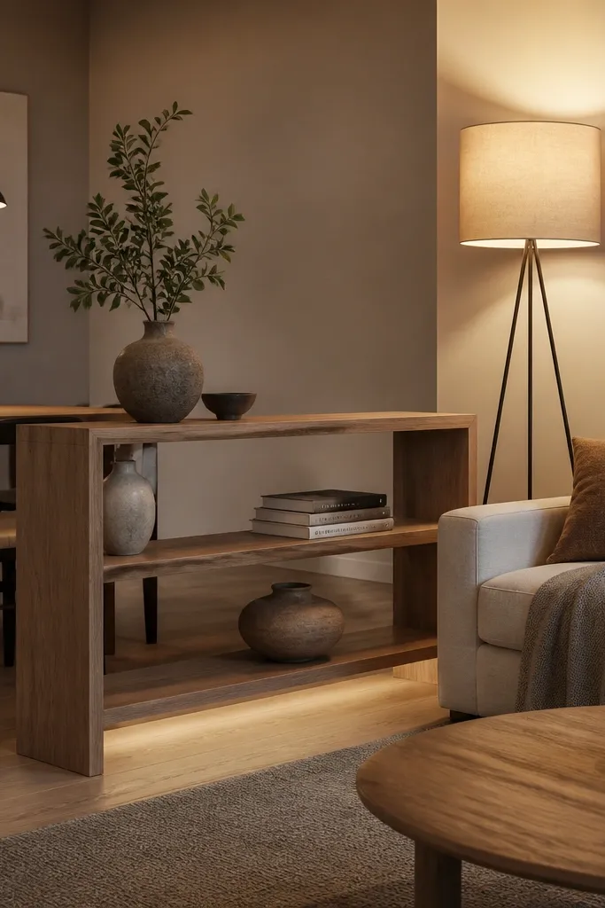 Half-height console used as a divider with open shelves