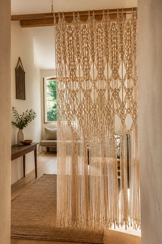 Macramé hanging divider suspended from a rod