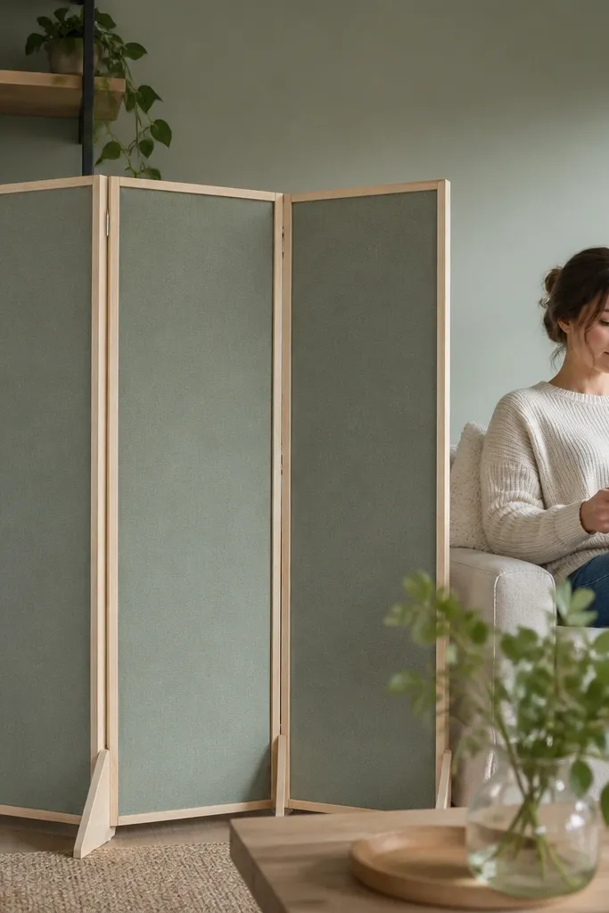 Fabric panels in frames on a folding stand divider