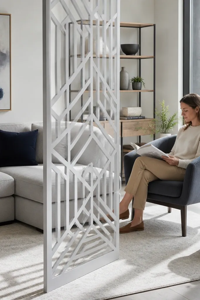 Powder-coated lattice metal panel divider in a small living room