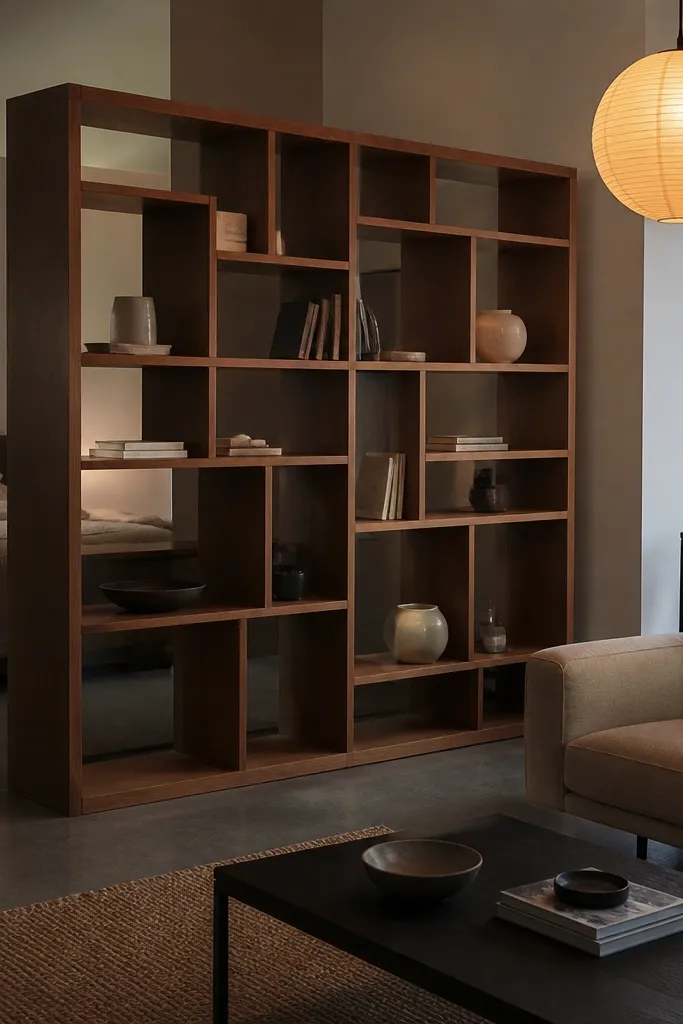 Tall bookshelf used sideways as a divider with open shelf gaps