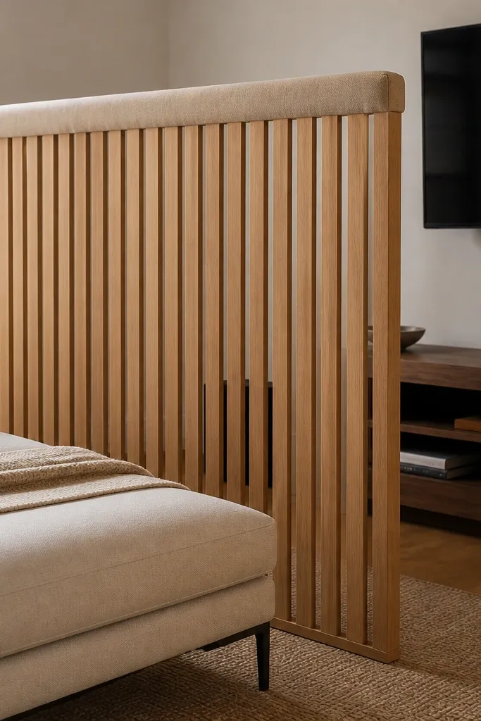 Wood slat room divider with a fabric-covered top rail