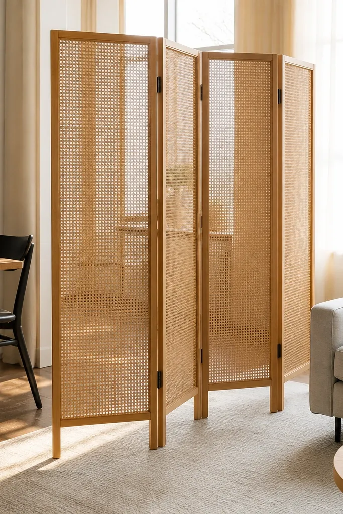 Framed cane panels used as a folding screen divider
