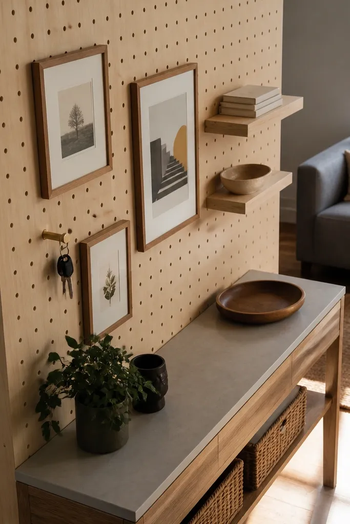 Pegboard divider with hooks and small framed art