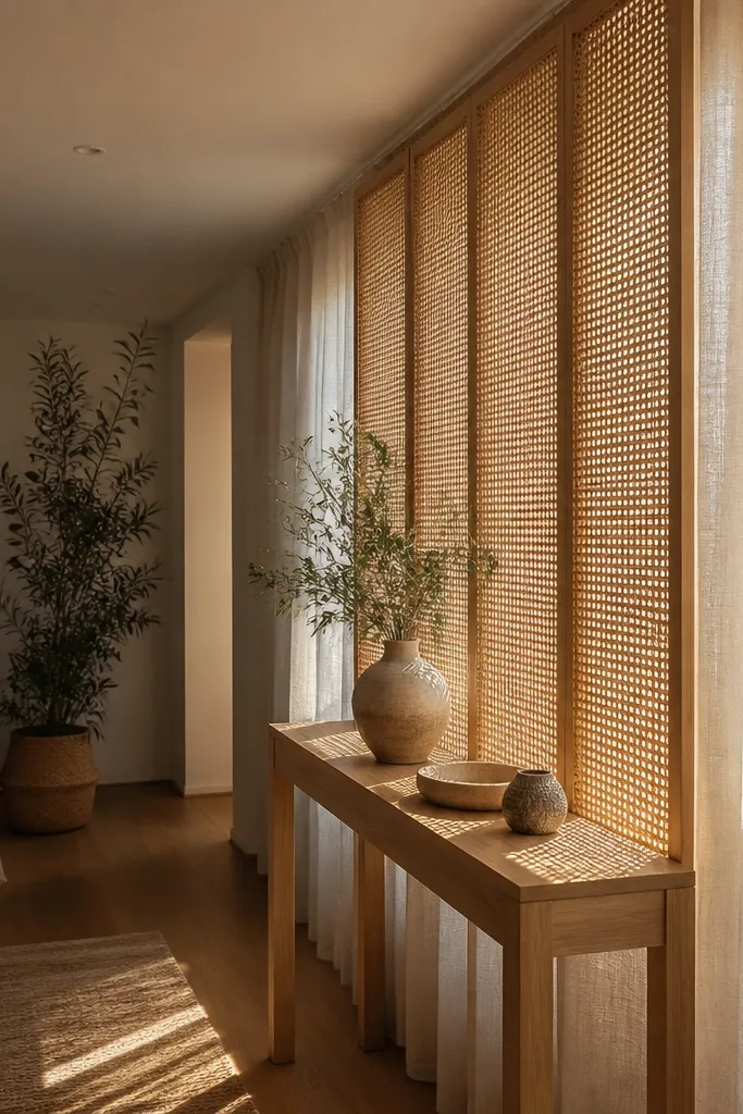 Rattan panel divider with a thin console base and curtain backing