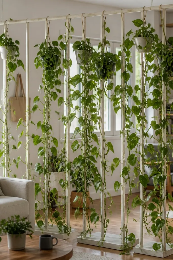 Vertical hanging plants on a peg rail used as a living room divider