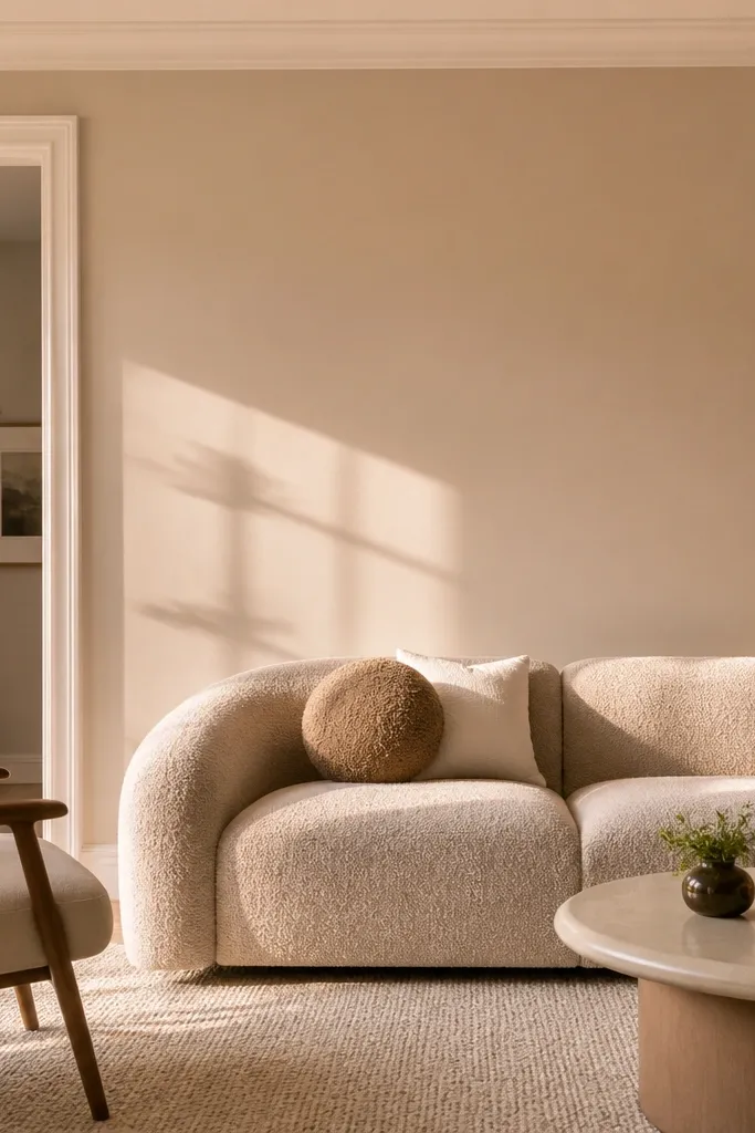 A living room wall painted a warm greige, with white trim, a light tan boucle sofa, and a rug in cream and oatmeal. The sunlight makes the wall look peachy rather than gray.