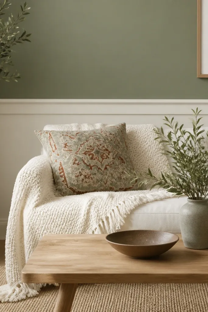 A muted sage-green wall with off-white trim. A light wood coffee table sits in front of a white knit throw and a patterned cushion with sage and clay accents.