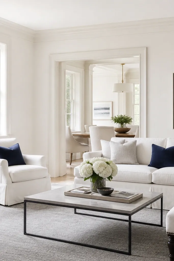 A bright milky white living room with warm off-white trim, a light gray area rug, and a navy accent pillow. The wall looks creamy in daylight and stays soft at night.