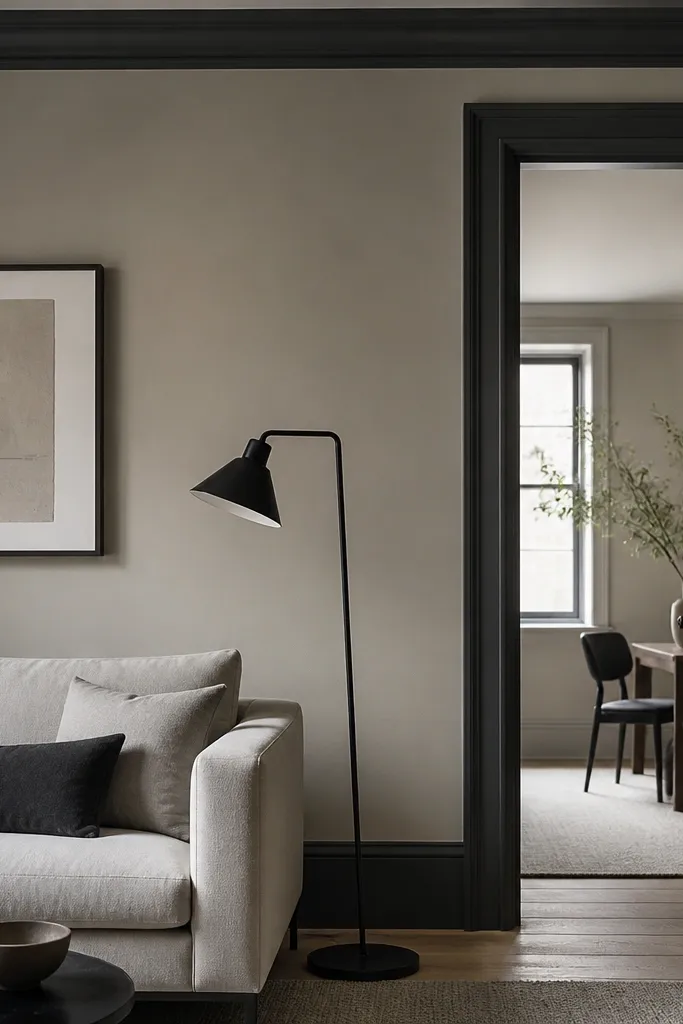A greige wall with darker charcoal trim around a doorway, plus a black metal floor lamp and a light gray sofa. The contrast looks crisp and architectural.