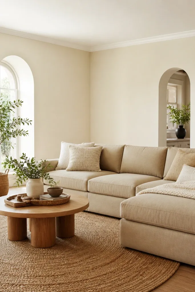A buttery cream wall with white ceiling paint, a warm beige sectional, and a braided jute rug. The room feels sunny even on cloudy days.