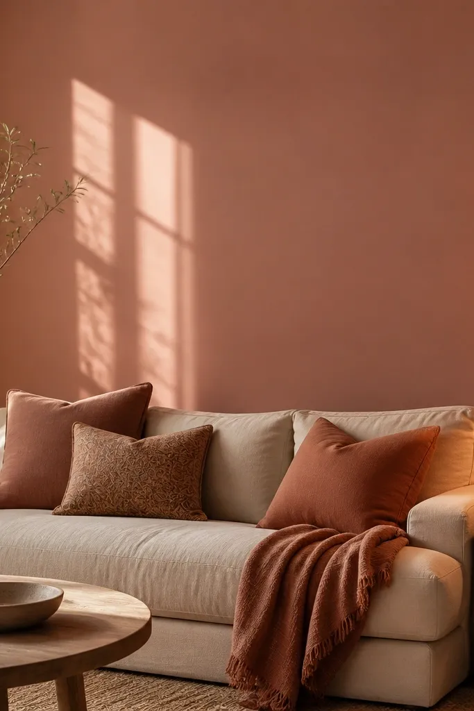 A muted clay-rose wall, paired with a cream sofa and earthy terracotta pillows. The wall has a dusty, warm tone under both daylight and lamp light.