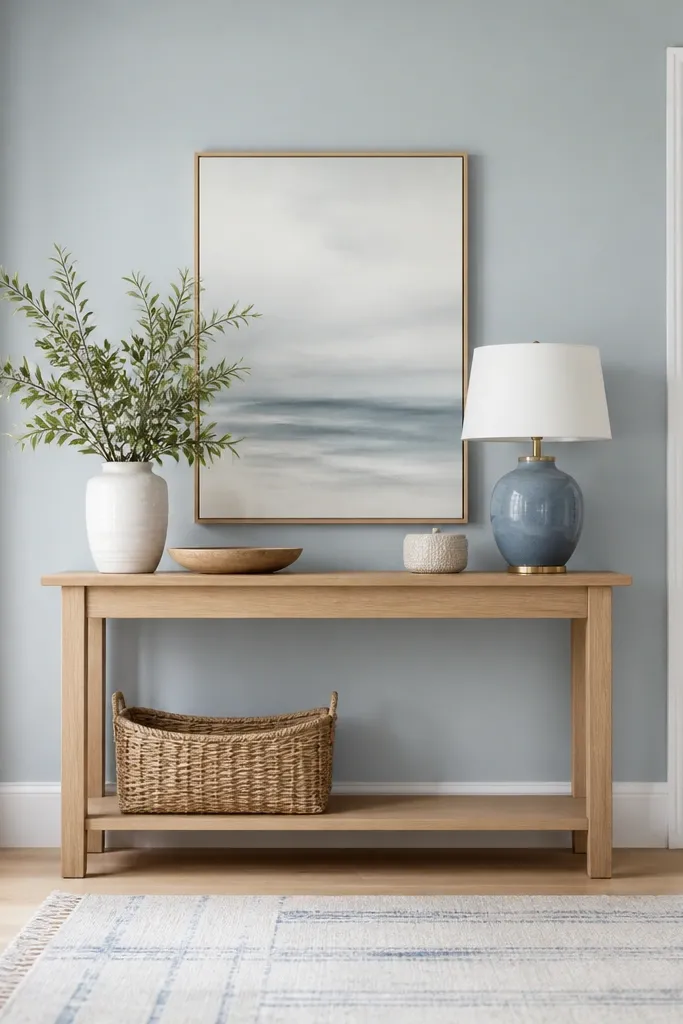 A light blue-gray wall with crisp white trim, a pale oak console, and a rug with soft blue lines. The room looks airy without going icy.