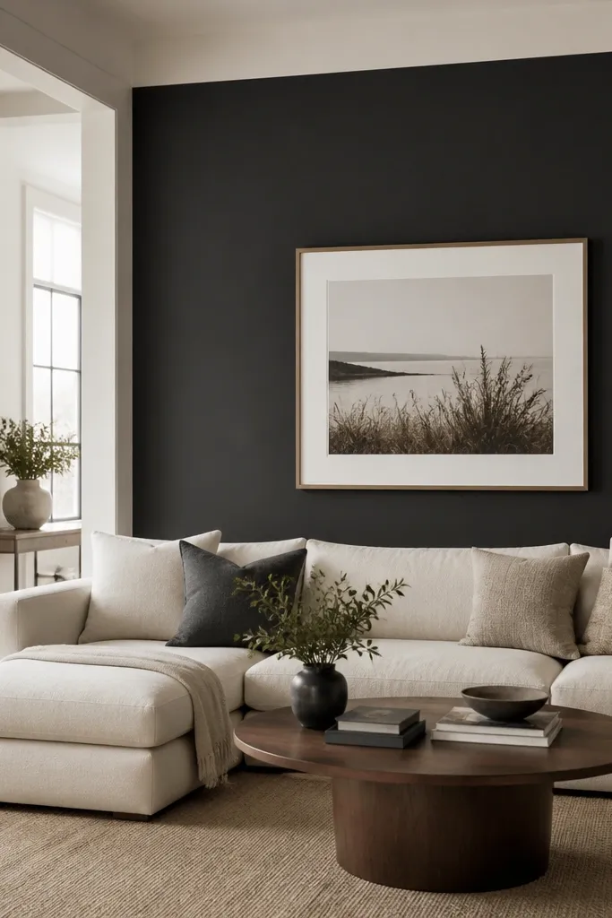 A charcoal wall behind a sofa, with the rest of the room painted warm off-white. The sofa is cream, and the art above has white matting.