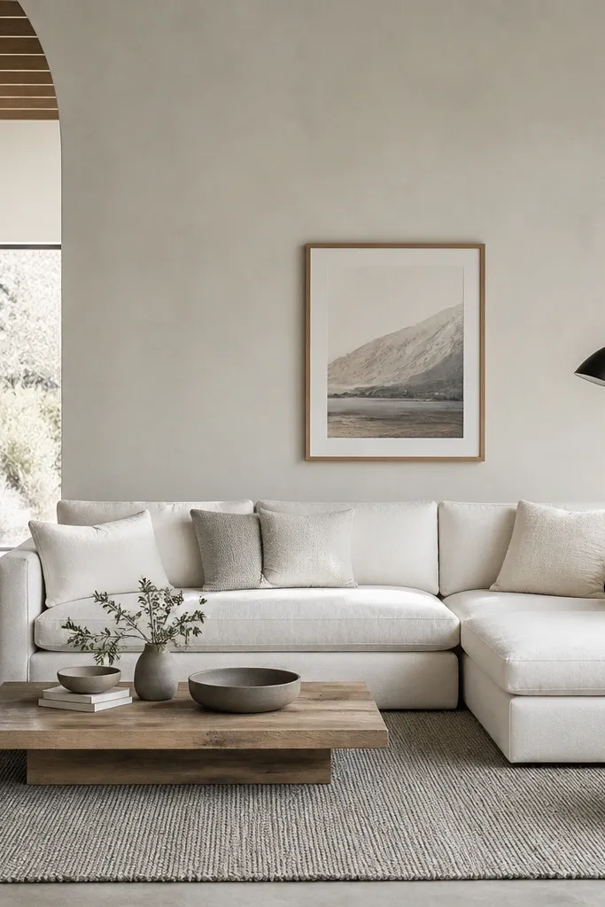 Warm white walls with a subtle gray cast, paired with a white sectional and a light gray textured rug. The room looks minimal, with a black metal lamp and simple wood frames.