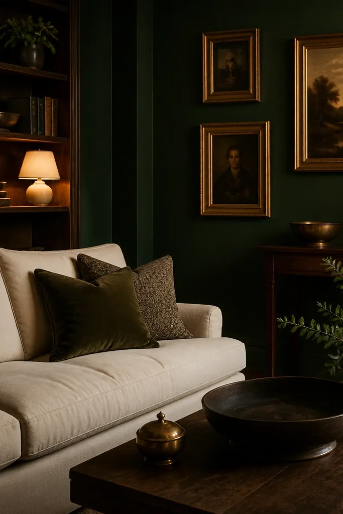 Deep forest green walls with dark wood shelves, a cream sofa, and brass picture frames. The room looks moody, with warm lamp lighting.