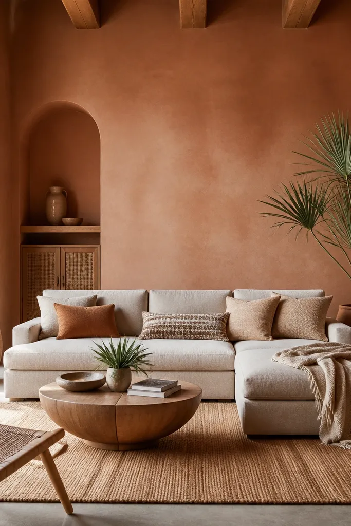 Terracotta clay walls with a light tan sofa and a woven rug. The room has natural wood and a few cactus or plant accents.