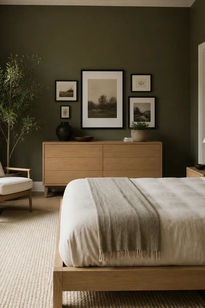 Olive green walls with light oak furniture, a cream rug, and a single black-framed gallery wall. The olive looks muted, not yellow.