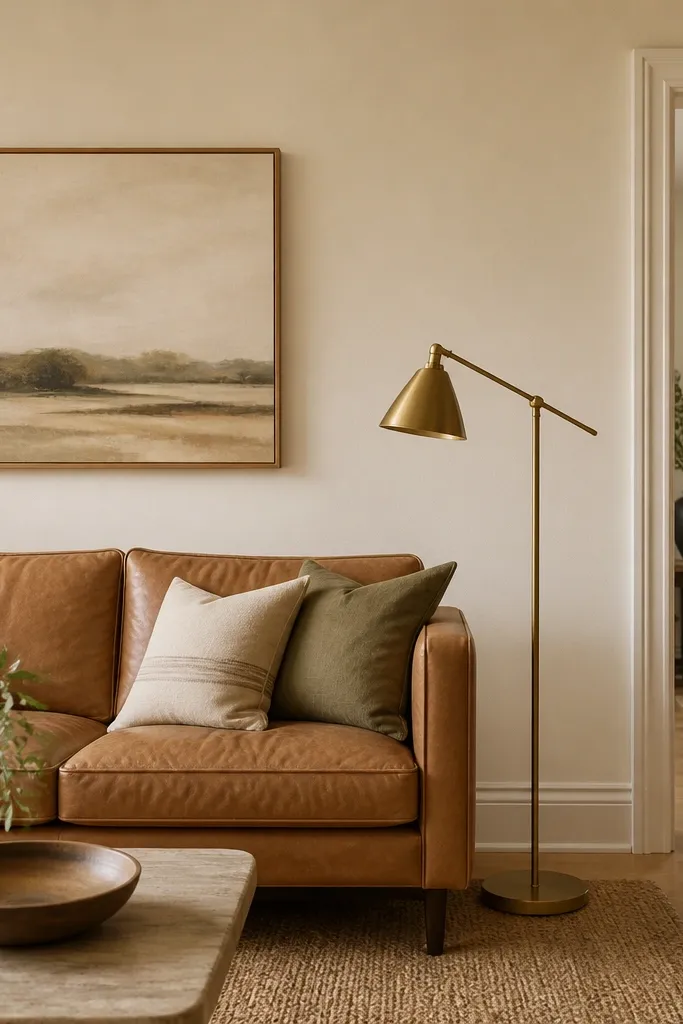 A living room wall painted warm cream next to a tan leather sofa; the trim is warm white, and the room has a light jute rug and a brass floor lamp.