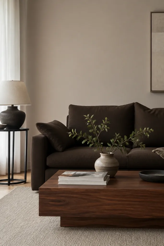 A greige painted wall with a medium walnut coffee table and a dark brown couch; the room has white sheer curtains and a black metal side table.