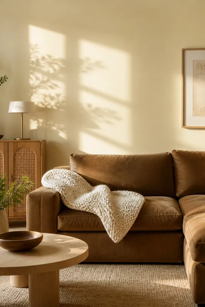 Buttermilk yellow walls with a caramel brown sectional, a white knit throw, and a woven cane cabinet; sunlight creates soft shadows.