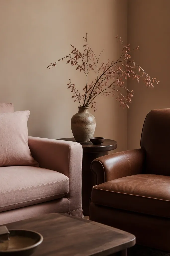 Tan walls with a slight dusty rose tone; a brown leather armchair sits beside a linen sofa cushion in blush, with a dark wood side table.