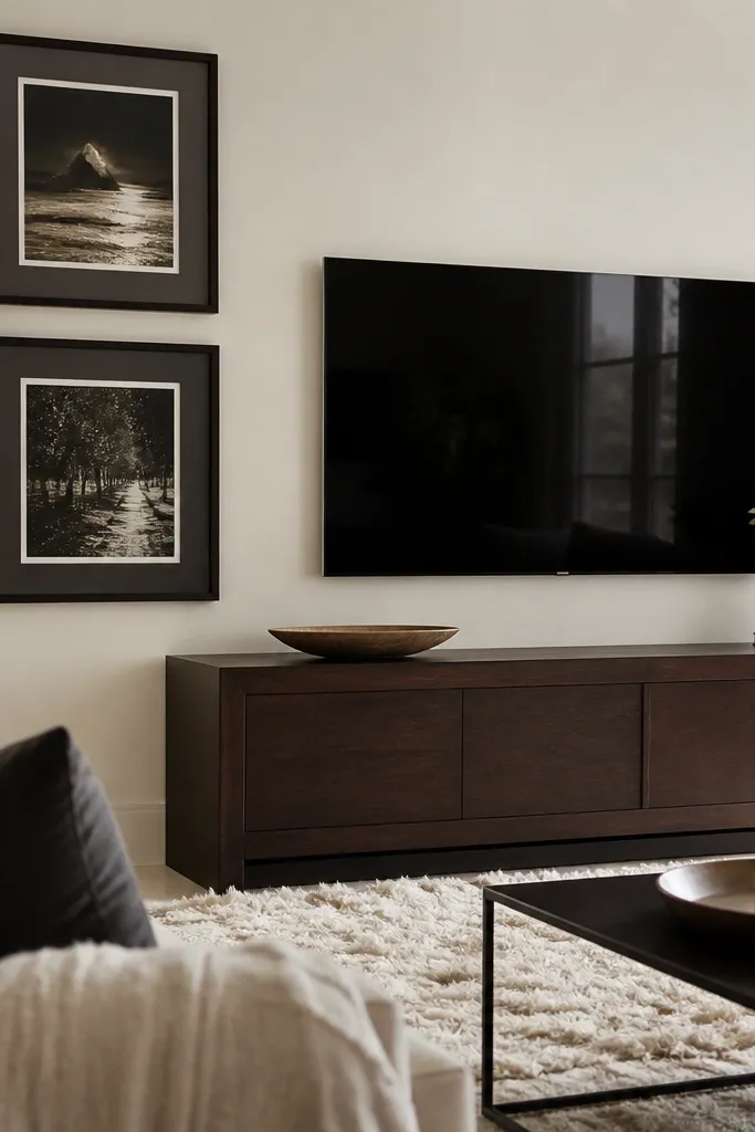 Chalky warm white walls with a dark espresso media console; there are framed photos with black mats and a shaggy off-white rug.