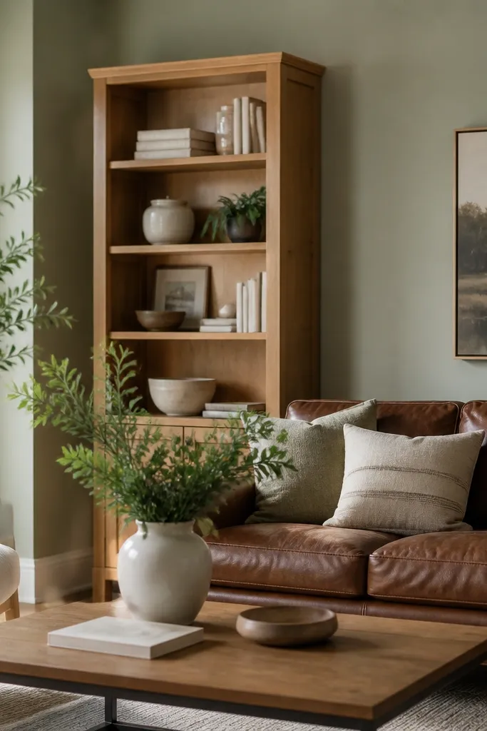 Light sage painted walls with a honey oak bookshelf and a brown leather couch; there's a white ceramic vase and greenery on a coffee table.