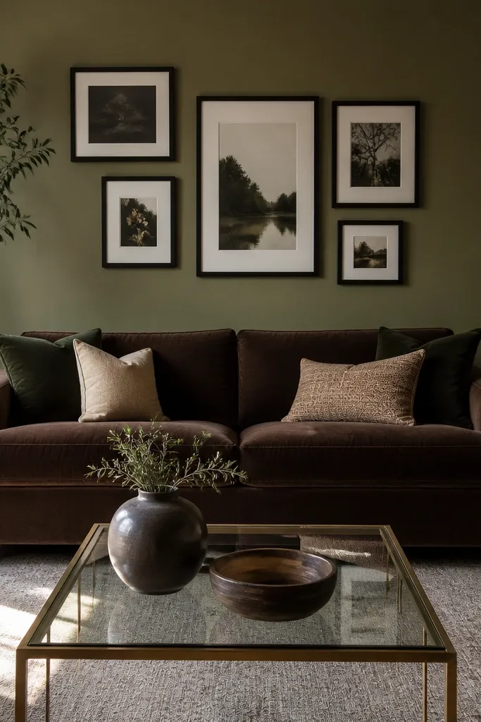 Muted olive walls with a dark brown sofa, black picture frames, and a brass and glass coffee table reflecting window light.