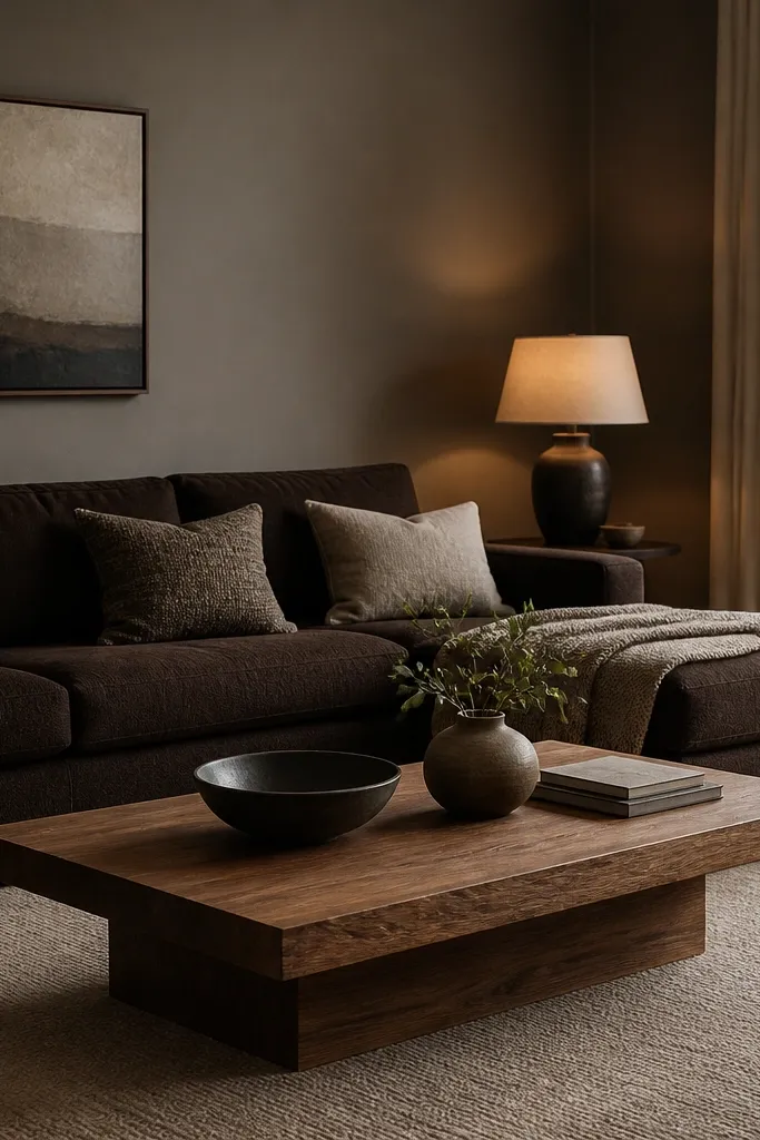 Smoky taupe walls with an espresso brown couch, a taupe area rug, and a warm wood coffee table; soft lamp light warms the scene.