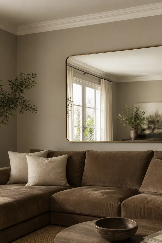 Warm greige walls with an off-white ceiling, a brown sectional in the foreground, and a large mirror reflecting daylight.