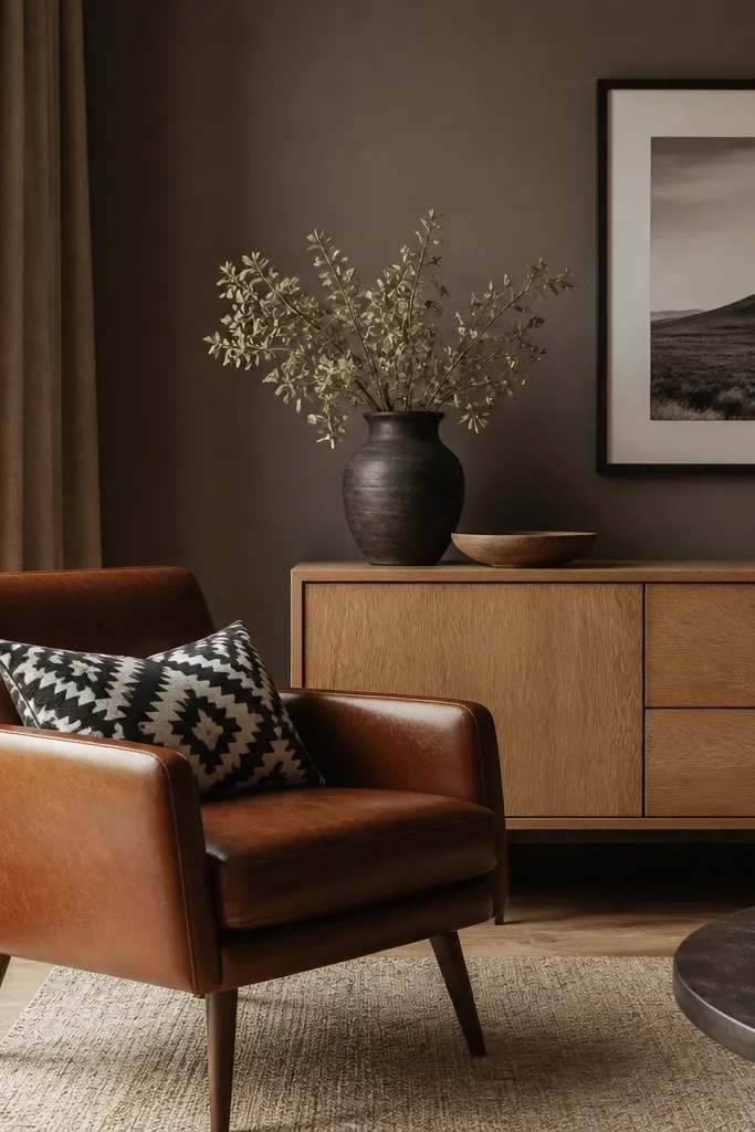 Mocha brown-gray walls with a mid-century brown leather chair, a light oak sideboard, and a black-and-white patterned throw pillow.